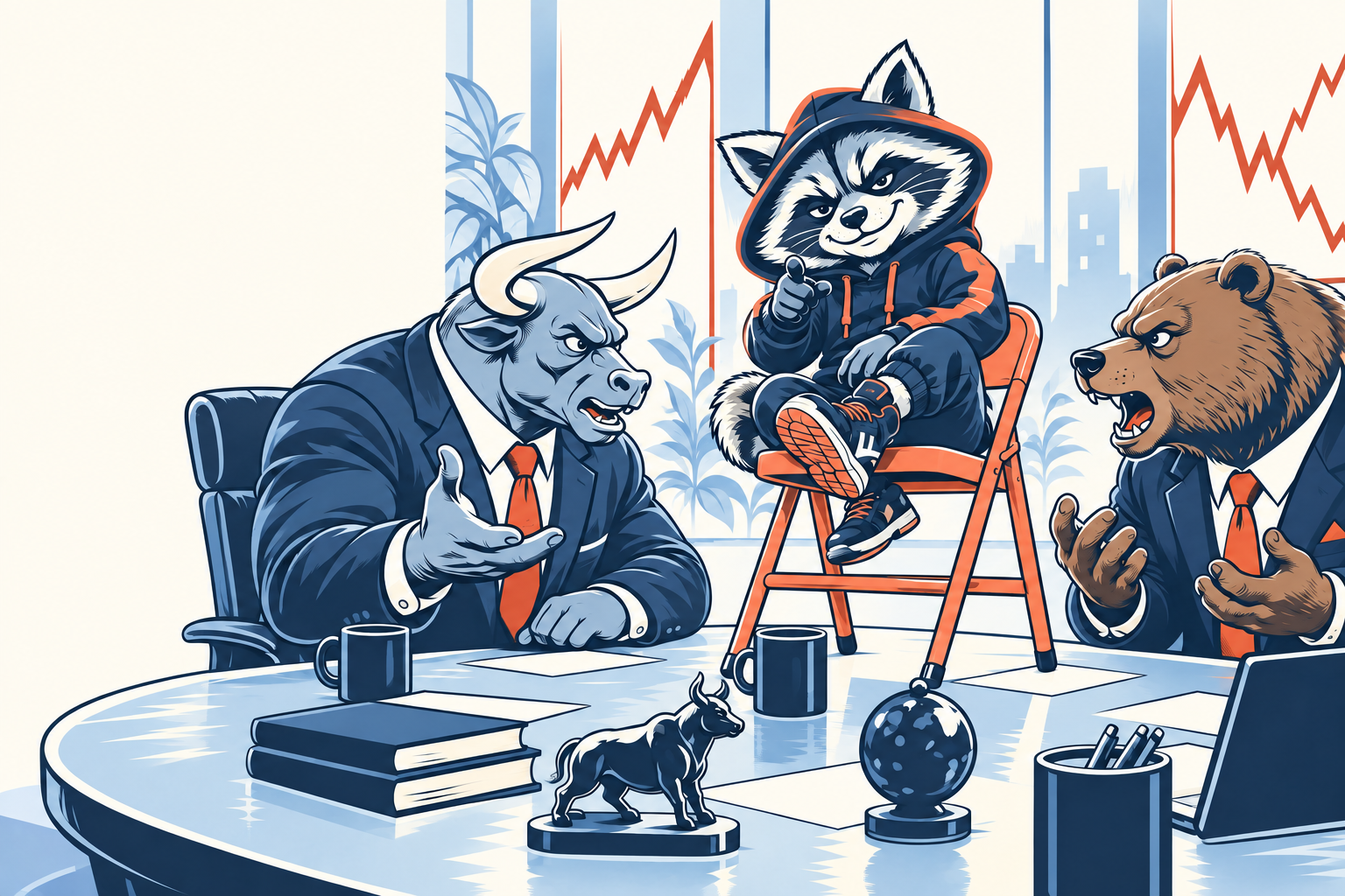 A raccoon on a coral folding chair joins a bull and bear in a blue comic boardroom